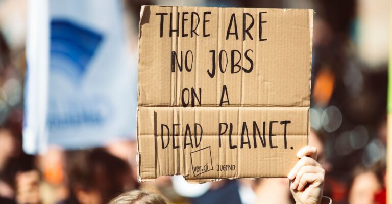Cardboard sign at climate protest reads 'There are no jobs on a dead planet.'