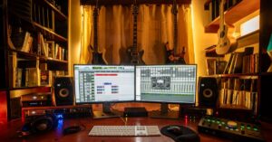 A well-equipped home music studio with guitars, monitors, and recording software in Trinidad and Tobago.