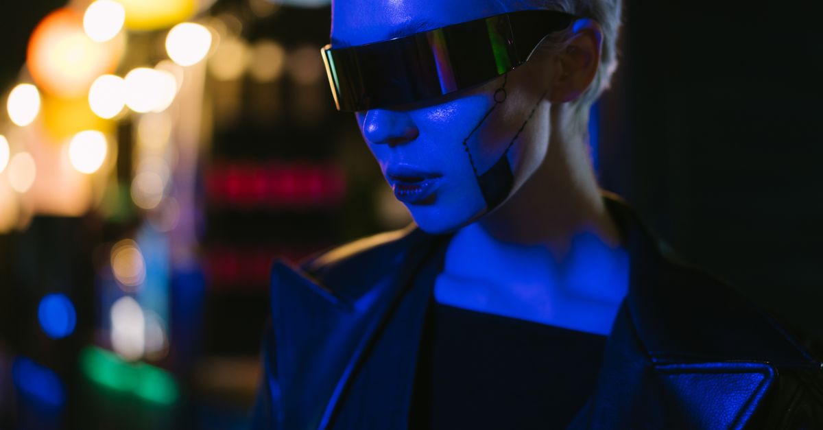 A futuristic cyber woman with AI-inspired eyewear under neon lights, exuding a cyberpunk style.