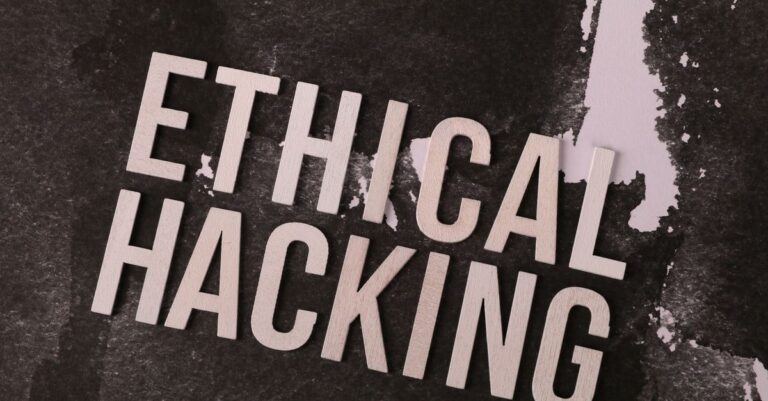 Conceptual image showing the words 'Ethical Hacking' on a textured abstract background.